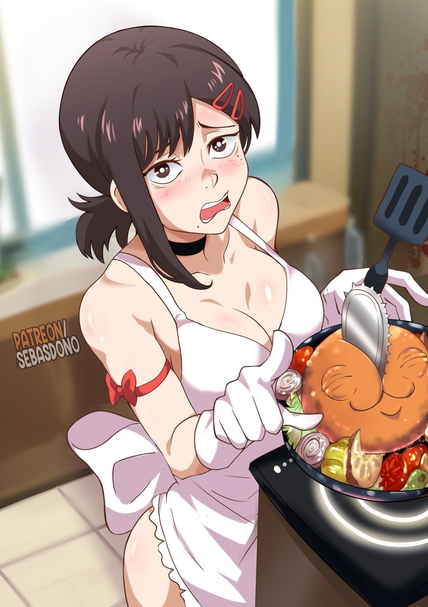 1girls absurdres apron arm_strap black_choker black_eyes black_hair blurry blurry_background blush breasts chainsaw_man choker cleavage commentary cooking english_commentary female gloves hair_ornament hairclip higashiyama_kobeni highres indoors looking_at_viewer medium_breasts medium_hair naked_apron open_mouth pochita_(chainsaw_man) pointing sebasdono single_sidelock solo spatula tomato upper_body white_apron white_gloves