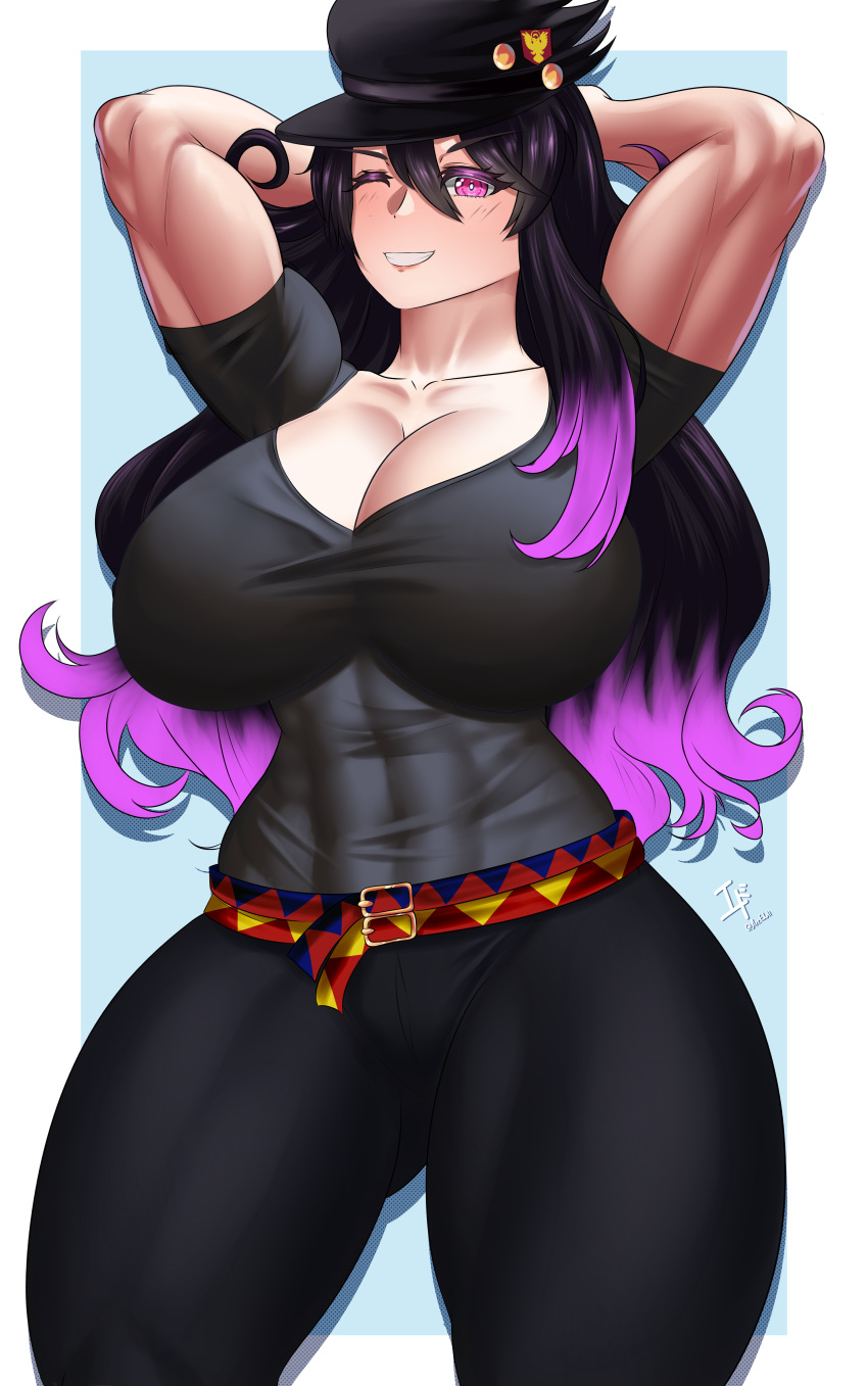 abs arcedo gojiette large_breasts muscular_female original_character thick_thighs wide_hips wink