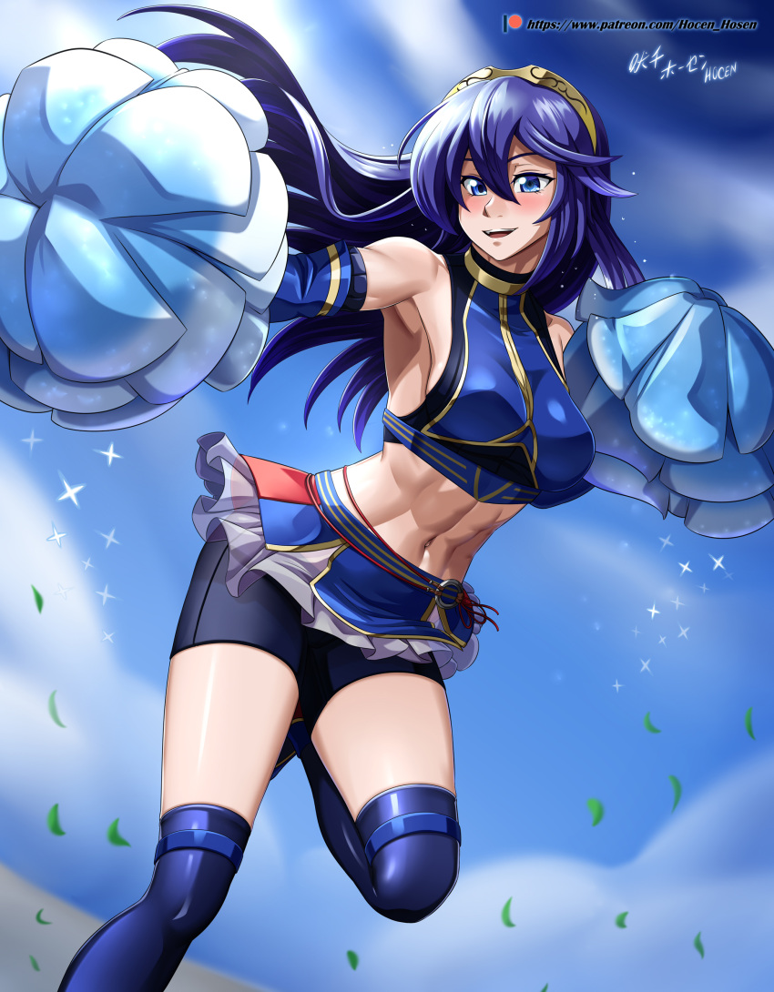 1girls blue_eyes blue_hair breasts cheerleader detached_sleeves dress fire_emblem fire_emblem_awakening hocen long_hair looking_at_viewer lucina_(fire_emblem) medium_breasts midriff navel nintendo pom_pom_(cheerleading) pom_poms tiara