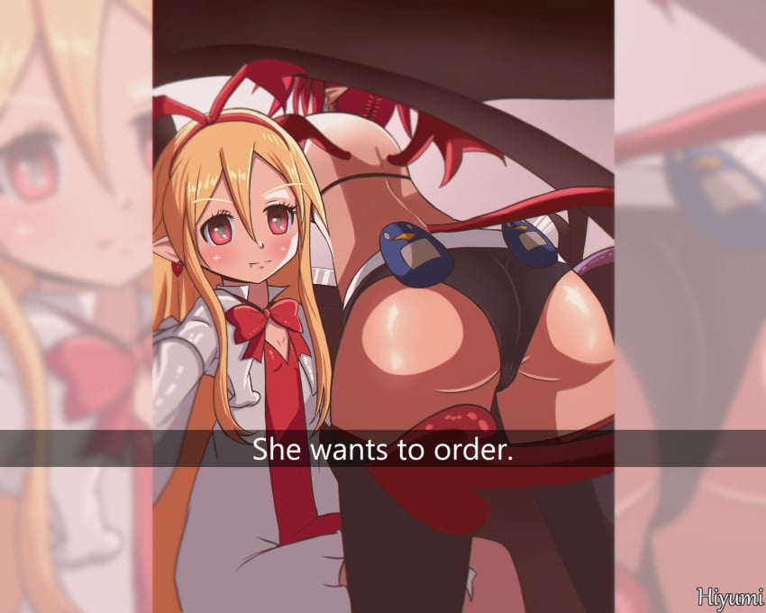 2girls ass barely_covered clothed clothed_female clothed_female_clothed_female disgaea disgaea_1 emrehliugx etna fallen_angel flonne he_wants_to_order meme meme_reference nippon_ichi_software she_wants_to_order short_shorts shorts succubus succubus_tail succubus_wings thick_ass thighhighs