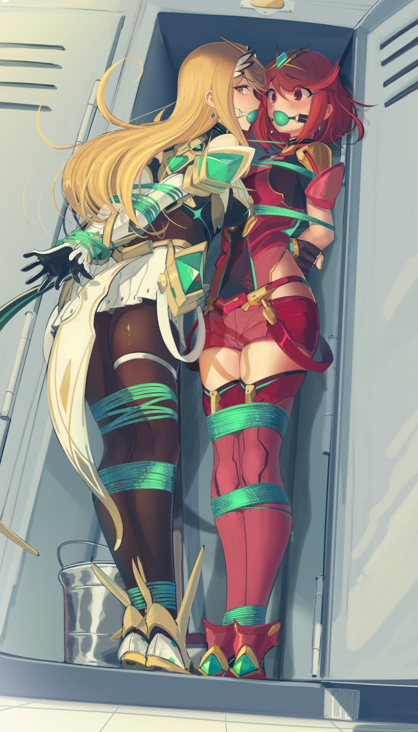 2girls arms_behind_back arms_tied arms_tied_behind_back ball_gag blonde_hair bondage cad closet female female_only femsub gag gagged helpless hi_res in_locker kaddo leggings legs_tied locker locker_bondage long_hair looking_at_viewer multiple_girls multiple_subs mythra nintendo pyra red_eyes red_hair rope_bondage short_hair standing sweat tied_up xenoblade_(series) xenoblade_chronicles_2 yellow_eyes