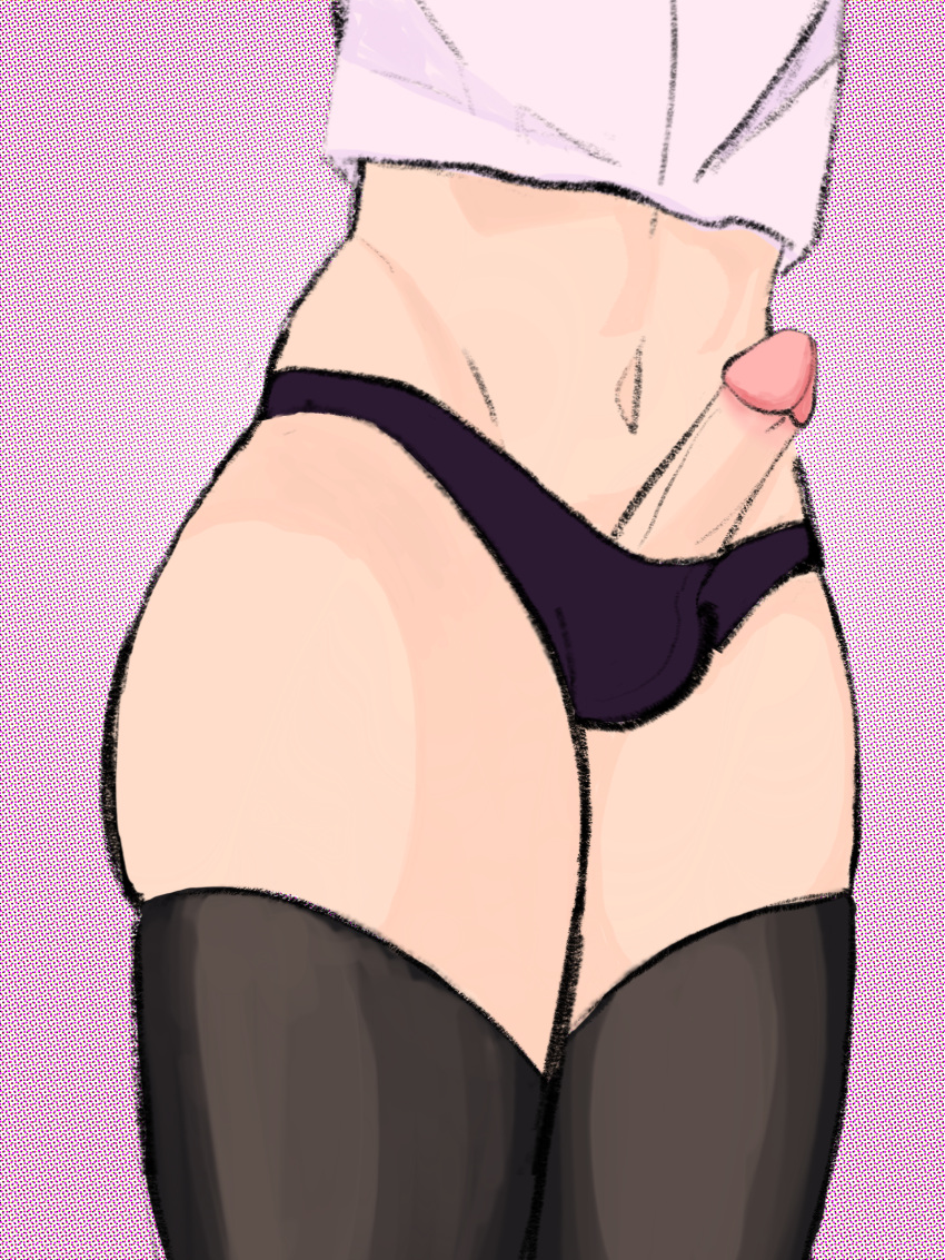 1boy close-up crop_top femboy grythorix panties penis_out_of_underwear penis_showing purple_panties stockings white_shirt