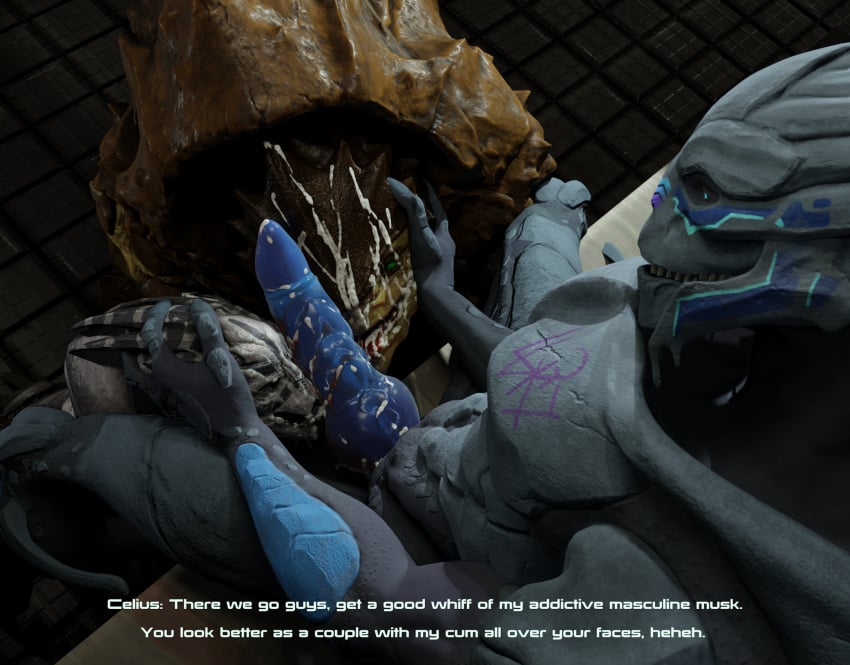 3d_(artwork) alien ambiguous_gender bodily_fluids celius_acillion cheap-wazoo cum cum_on_face cum_on_penis dialogue english_text gay genital_fluids genitals group hi_res high-angle_view knot krogan licking male male/male male_only mass_effect open_mouth oral penile penis penis_lick sex sitting text tongue tongue_out trio turian