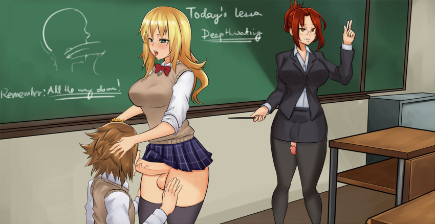 1boy 2d 2futas balls big_balls big_breasts big_penis big_thighs blonde_hair blowjob_lesson blush bow breasts brown_hair bulge chalkboard class classroom clothed clothed_futanari clothed_male clothing deepthroat desk dickgirl dickgirl/male english_text erection exposed_penis fellatio futa_on_male futadom futadomworld futanari genitals grabbing_another's_head green_eyes hand_on_thigh hi_res huge_cock human imminent_deepthroat kneeling large_breasts lesson light-skinned_futanari light-skinned_male light_skin long_hair male malesub mostly_clothed no_panties no_underwear open_mouth oral orange_eyes penis plaid_skirt public_fellatio red_hair school_uniform schoolgirl sex skirt skirt_bulge student submissive_male teacher teacher_and_student testicles text thick_penis thighhighs upskirt veiny_penis wide_hips xxxx52