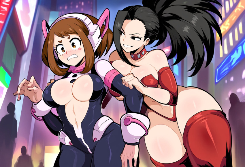 2girls ai_generated city corrupted corruption imminent_kidnapping large_breasts momo_yaoyorozu my_hero_academia novelai ochako_uraraka prostitute scared stripper thick_thighs uraraka_ochako yaoyorozu_momo