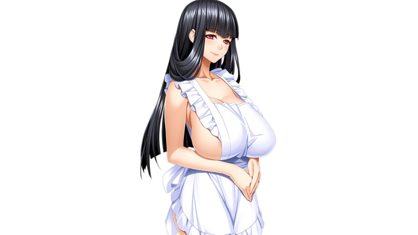 apron black_hair blush breasts censored huge_breasts ino_(magloid) long_hair looking_at_viewer mosaic_censoring naked_apron niizuma_koyomi nipples png red_eyes simple_background smile tagme transparent_background transparent_png uikawa_shino visual_novel