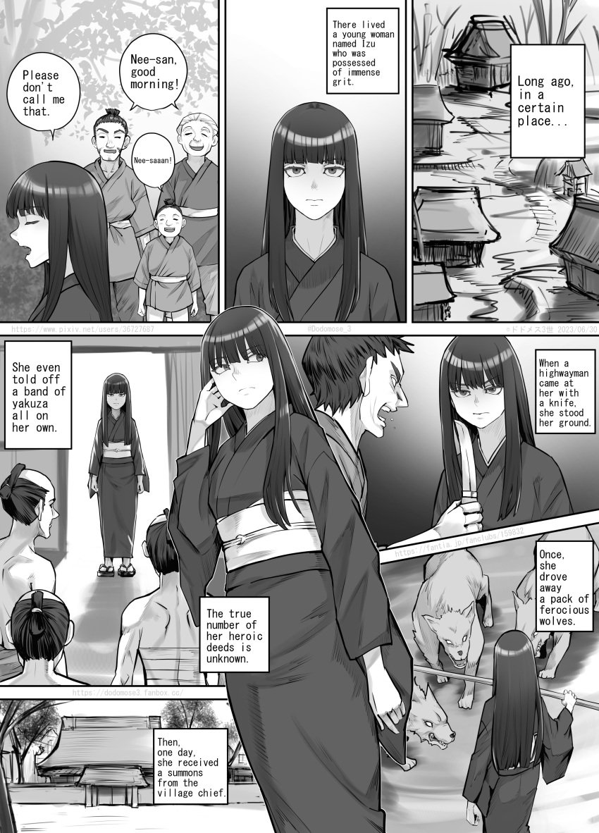 1girls black_and_white clothed clothing comic dialogue dodomesu3sei dress english_text female male multiple_males robe speech_bubble straight text wolves