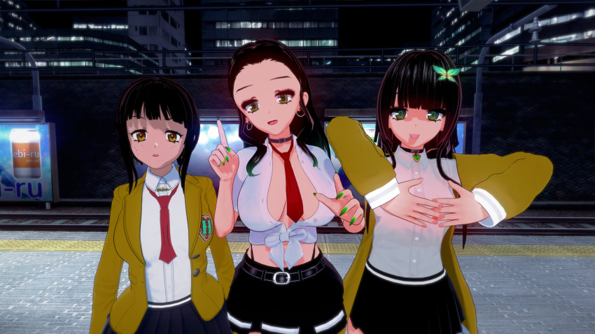 3d 3d_(artwork) 3girls background female female_only goldieecchi group_photo hd koikatsu multiple_girls open_shirt school_uniform schoolgirl subway tagme train_station