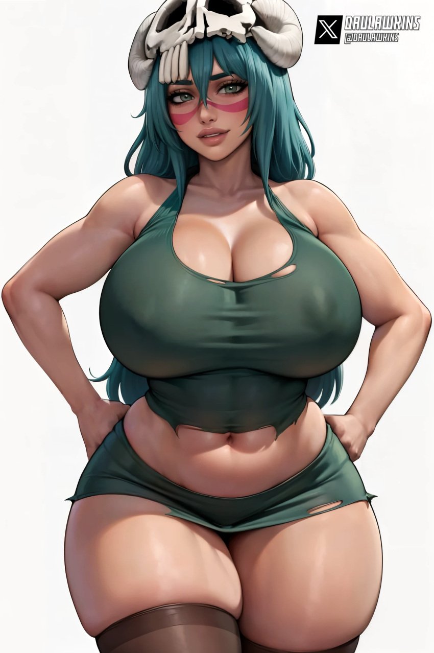 1girls ai_generated belly big_breasts bleach bleach:_the_thousand-year_blood_war breasts_bigger_than_head cleavage daulawkins green_eyes green_hair hand_on_hip hands_on_hips large_breasts looking_at_viewer milf navel nelliel_tu_odelschwanck nipple_bulge nipples_visible_through_clothing slightly_chubby smile solo stable_diffusion standing thick thick_lips thick_thighs thighhighs thighs torn_clothing voluptuous