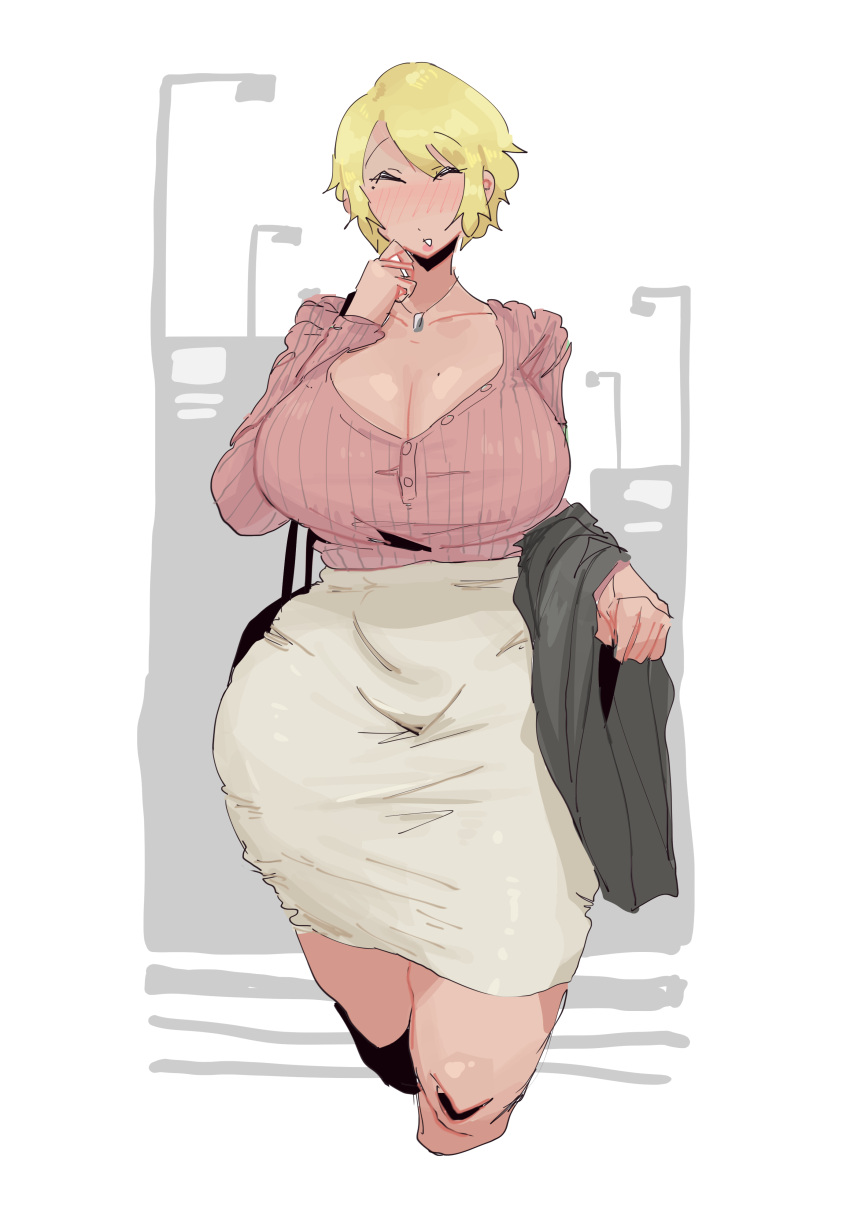 1girls bangs beige_skirt blonde_female blonde_hair blush blush_lines blushing breasts cleavage closed_eyes dark_skin dark_skinned_female facing_forward facing_viewer female hand_to_own_mouth large_breasts leebongchun mature mature_female milf mole mole_on_breast mole_under_eye original original_character purse red_sweater red_topwear shirt_on_arm short_hair shoulder_bag sidelocks slit_eyes solo streetlight sweater tight_clothing tight_skirt walking