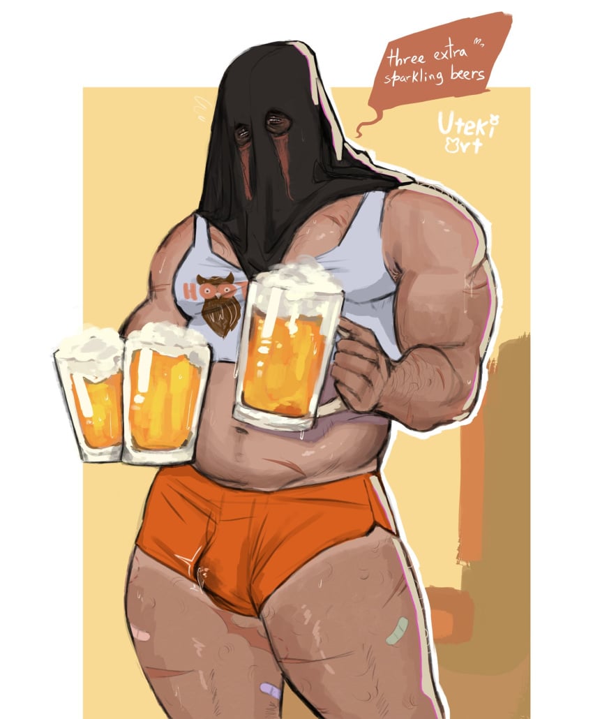 1boy bara barazoku beer beer_mug call_of_duty call_of_duty_modern_warfare_2_(2022) cute femboy_dilf femboy_hooters himbo hooters hooters_uniform hotpants könig konig male_focus masked precum precum_through_clothing scars short_shorts shorts solo_focus solo_male utekiart