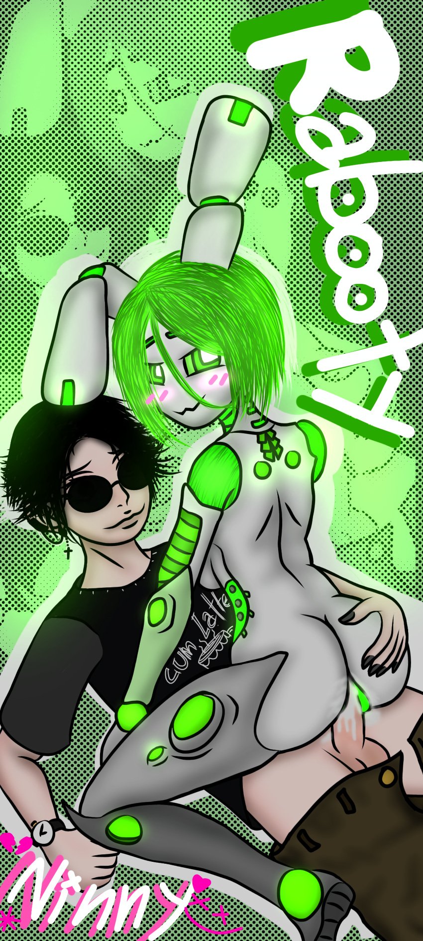 asian_male ass ass_grab blush clothing cum_in_pussy green_eyes green_hair lights neon_lights pretty_blood rabbot_(pretty_blood) reverse_cowgirl_position robot_girl robot_humanoid sex shades smile uwu_face