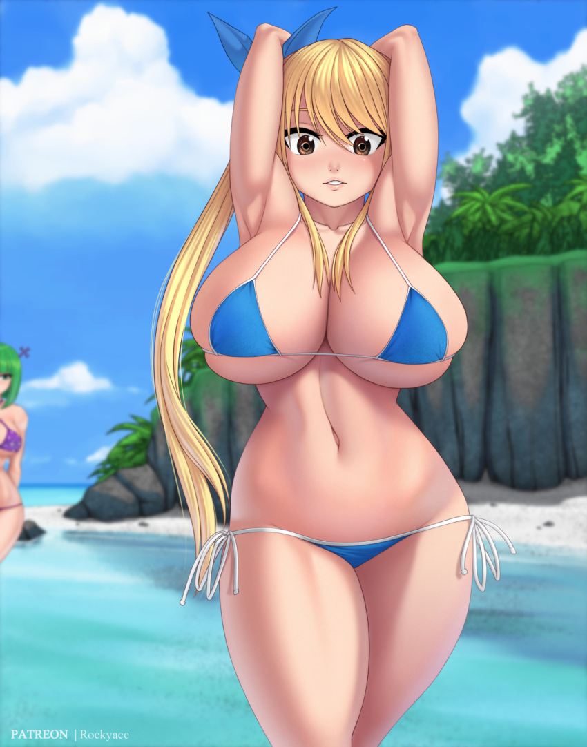 2girls alternate_breast_size alternate_version_available beach bikini blonde_hair brandish_mew breast_expansion brown_eyes cleavage fairy_tail green_hair hourglass_figure huge_breasts long_hair lucy_heartfilia ponytail rocky-ace seaside thick_thighs voluptuous