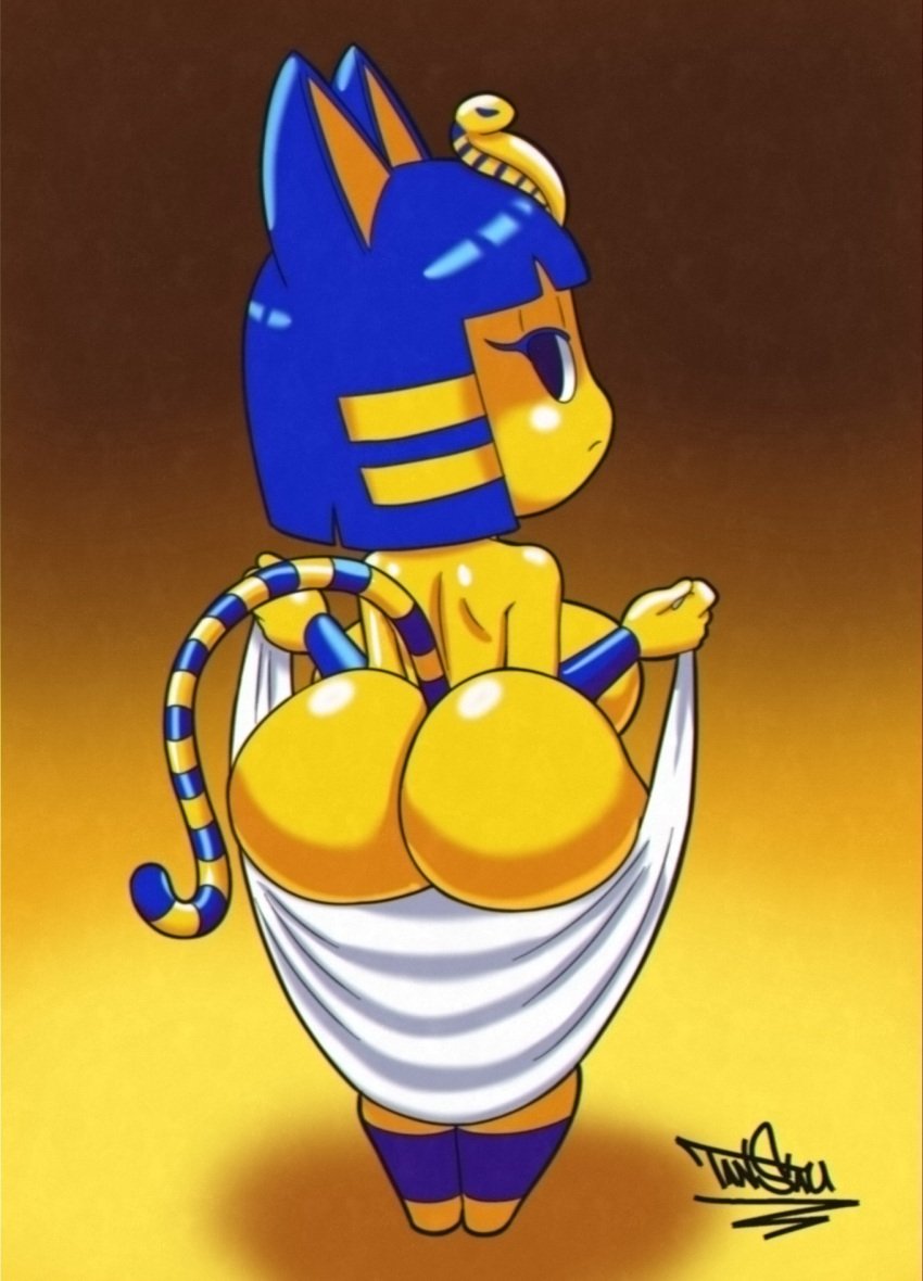 1girls animal_crossing animal_ears ankha ankha_(animal_crossing) anthro ass ass_focus backboob big_ass big_breasts big_butt blue_eyes blue_hair breasts butt cat_ears cat_tail domestic_cat egyptian emotionless eyelashes feline female female_only frown gradient_background half-closed_eyes legs_together looking_at_viewer looking_back naked naked_towel nintendo nude nude_female presenting presenting_hindquarters shadow shiny shiny_hair shiny_skin short_hair signature solo solo_female solo_focus standing striped_tail tagme tail tansau tortoisesensei towel two_tone_hair two_tone_tail uraeus yellow_body