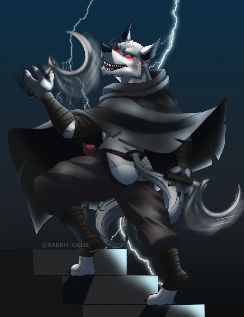 2022 absurd_res anthro ass canid canine canis claws clothed clothing dark death_(puss_in_boots) digital_media_(artwork) dreamworks erection fur genitals hair hi_res holding_object holding_weapon lightning looking_at_viewer male male_only ollie_rabbit penis puss_in_boots:_the_last_wish puss_in_boots_(film) puss_in_boots_(franchise) red_eyes shirtless shrek_(series) simple_background sky smile solo teeth universal_pictures universal_studios weapon wolf