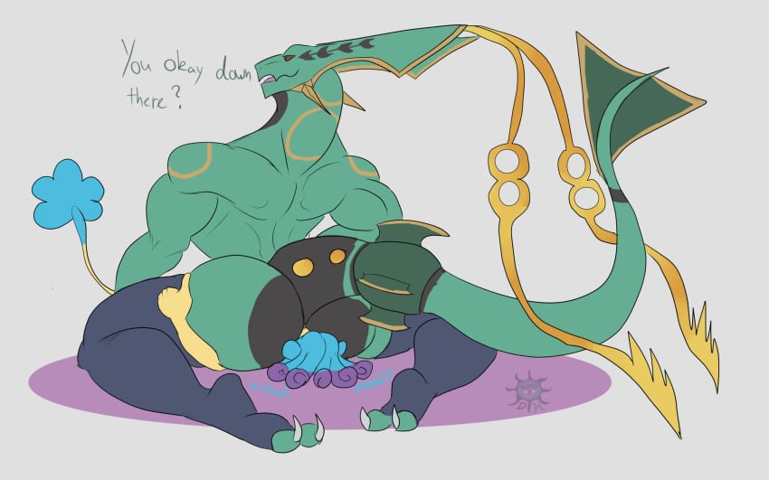 anthro anthrofied ass blue_body daikuhiroshiama duo facesitting green_body hi_res male male/male male_only mega_evolution mega_rayquaza muscular muscular_anthro muscular_male nintendo pokémon_(species) pokemon rayquaza simipour sirocco_(daikuhiroshiama) video_games