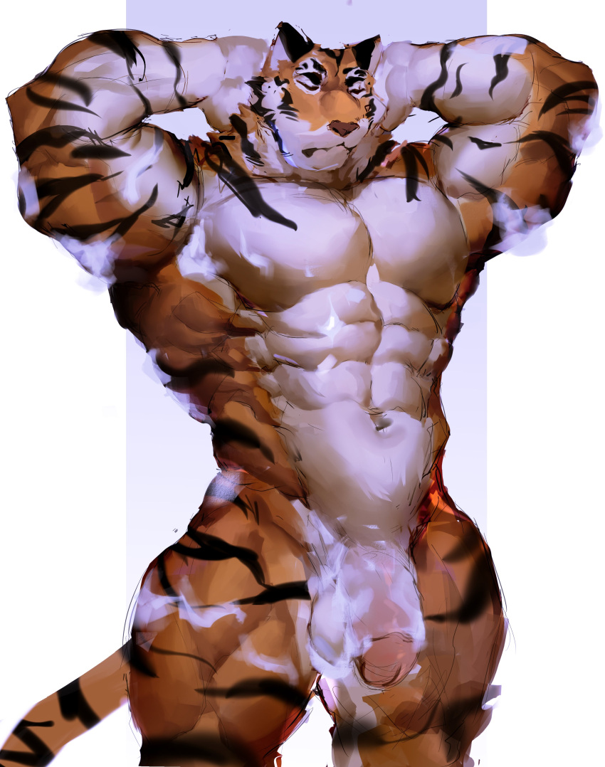 abs absurd_res anthro balls bathing big_muscles black_body black_fur closed_eyes felid fur genitals hi_res male mammal muscular muscular_anthro muscular_male navel nude orange_body orange_fur pantherine pecs penis raised_arms reolixious soap solo standing stripes tiger white_body white_fur