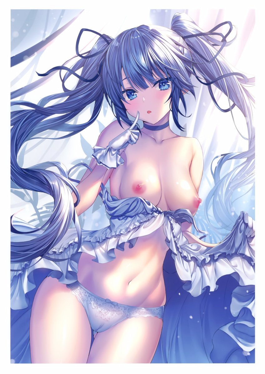 :o absurdres areolae ass_visible_through_thighs bangs bare_shoulders blue_choker blue_eyes blue_hair blue_panties blue_ribbon blush breasts cameltoe choker clothes_lift collarbone dress eyebrows_visible_through_hair eyelashes female finger_to_mouth frilled_dress frilled_gloves frills gloves groin hair_between_eyes hair_ribbon heirou highres long_hair looking_at_viewer medium_breasts navel nipples non-web_source open_mouth original panties ribbon scan shiny shiny_skin sidelocks skirt skirt_lift sleeveless sleeveless_dress solo stomach strap_slip twintails underwear very_long_hair white_dress white_gloves