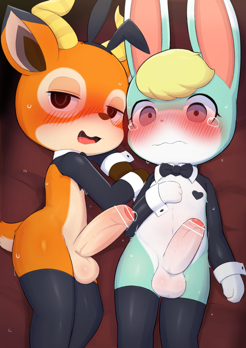 absurd_res animal_crossing anthro balls beau_(animal_crossing) black_clothing blonde_hair blush bodily_fluids bow_tie cervid clothed clothing crossdressing cuffs_(clothing) duo erection fake_ears fake_rabbit_ears fur genitals green_body green_fur grey_eyes hair half-closed_eyes hi_res horn humanoid_genitalia humanoid_penis lagomorph leggings legwear leporid looking_at_viewer male male/male mammal narrowed_eyes nintendo nipple_covers open_mouth orange_body orange_fur penis rabbit sasha_(animal_crossing) sweat sweatdrop video_games yousan