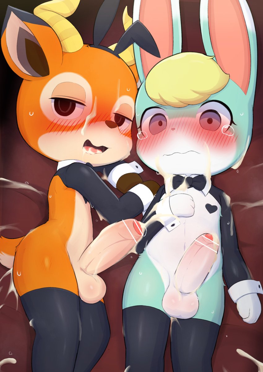 absurd_res animal_crossing anthro balls beau_(animal_crossing) bed black_clothing blonde_hair blush bodily_fluids bow_tie cervid clothed clothing crossdressing cuffs_(clothing) cum cum_in_mouth cum_inside cum_on_arm cum_on_bed cum_on_face duo erection fake_ears fake_rabbit_ears fur furniture genital_fluids genitals green_body green_fur grey_eyes hair half-closed_eyes hi_res horn humanoid_genitalia humanoid_penis lagomorph leggings legwear leporid looking_at_viewer male male/male mammal narrowed_eyes nintendo nipple_covers open_mouth orange_body orange_fur penis rabbit sasha_(animal_crossing) sweat sweatdrop video_games yousan