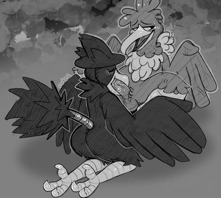 absurd_res anthro blush cramorant crownedvictory duo fellatio greyscale hi_res male male/male monochrome murkrow nintendo oral penile pokémon_(species) pokemon sex sketch tagme talons video_games wings