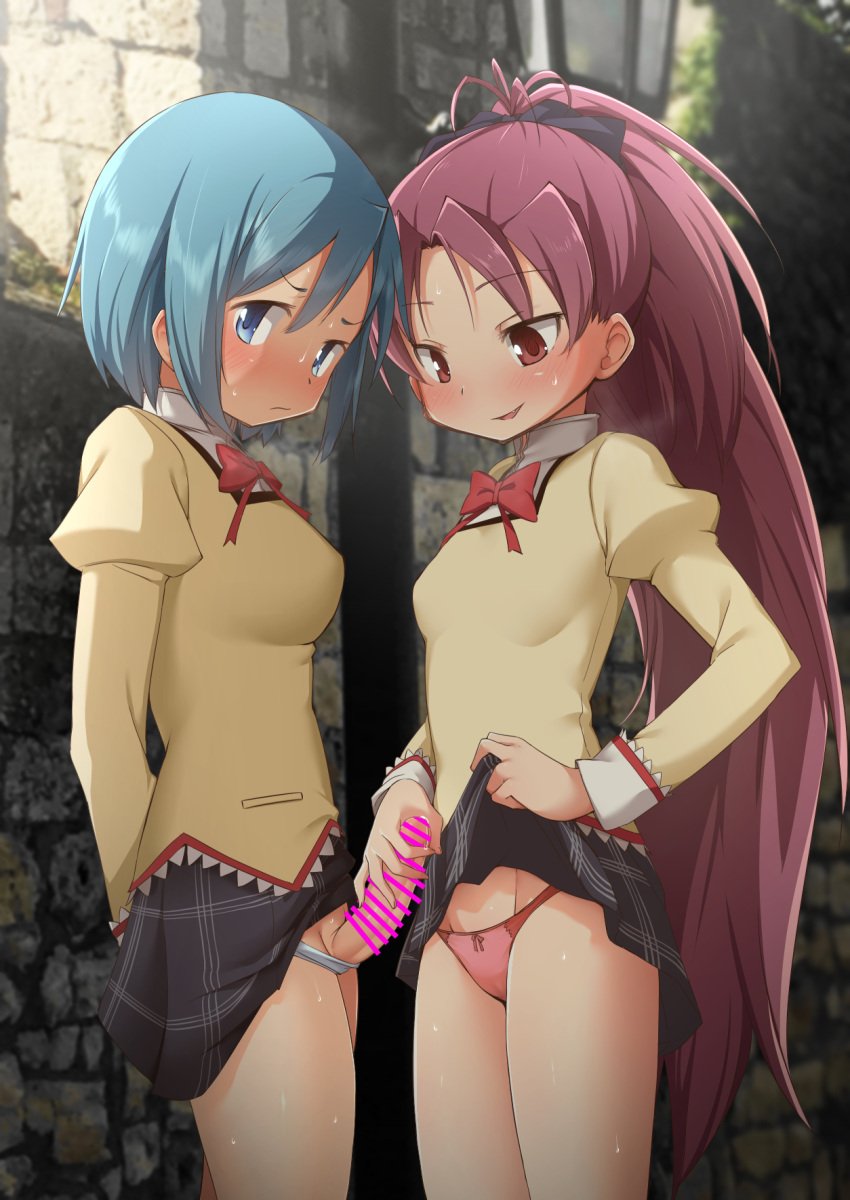 1futa 1girls abutomato black_bow black_skirt blue_eyes blue_hair bow breasts censored clothed clothes_lift clothing commentary_request duo erection female futa_sans_balls futa_with_female futanari hairbow handjob highres human lifted_by_self light-skinned_female light-skinned_futanari light_skin long_hair long_sleeves looking_at_viewer mahou_shoujo_madoka_magica medium_breasts miki_sayaka mostly_clothed multiple_girls panties penis ponytail red_eyes red_hair red_panties sakura_kyouko school_uniform short_hair skirt skirt_lift smile standing sweat underwear very_long_hair