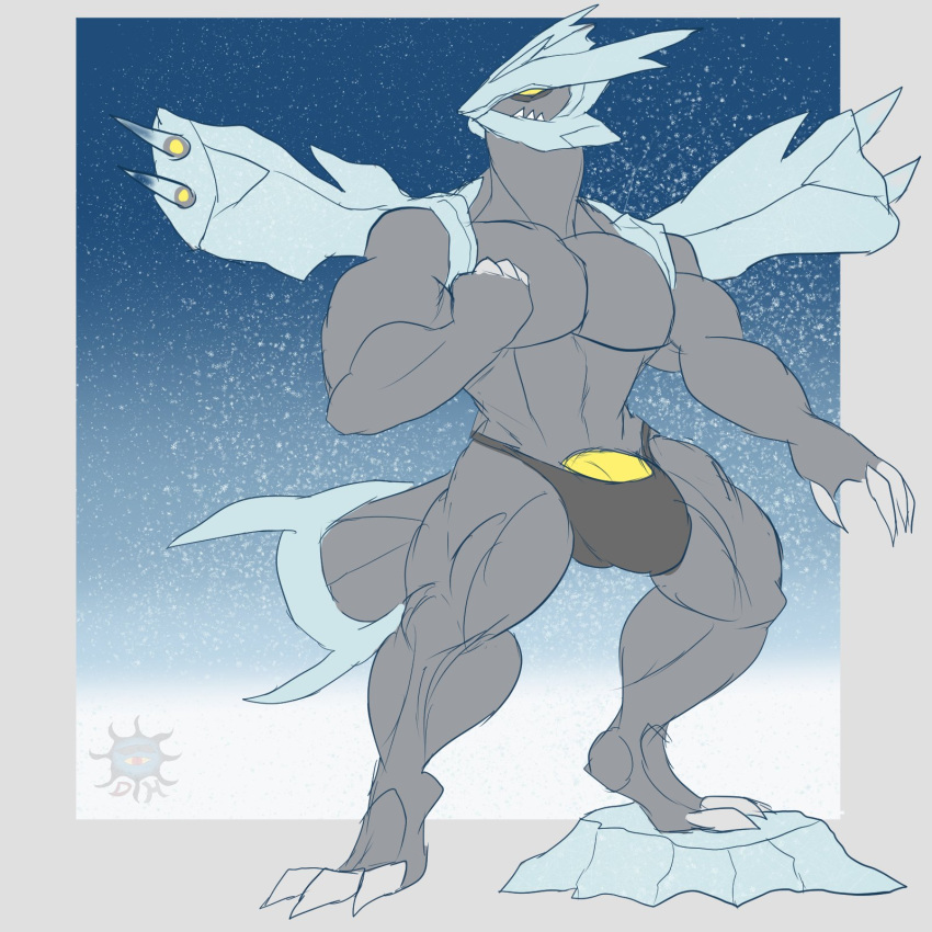 anthro anthrofied bara bulge claws clothed clothing daikuhiroshiama dragon genitals grey_body hi_res ice kyurem legendary_pokémon male muscular muscular_anthro muscular_male nintendo pecs penis penis_base pokémon_(species) pokemon solo speedo swimwear topless video_games yellow_penis