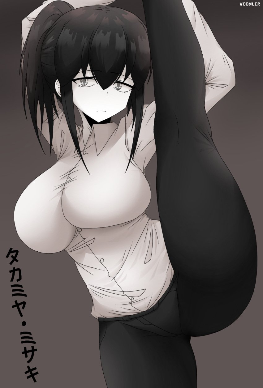 1girls big_breast black_hair blossom_hope breasts clothed clothing female japanese_text leg_lift legs_up looking_at_viewer misaki_takamiya pants ponytail simple_background solo thick_thighs watermark white_eyes white_skin woomler