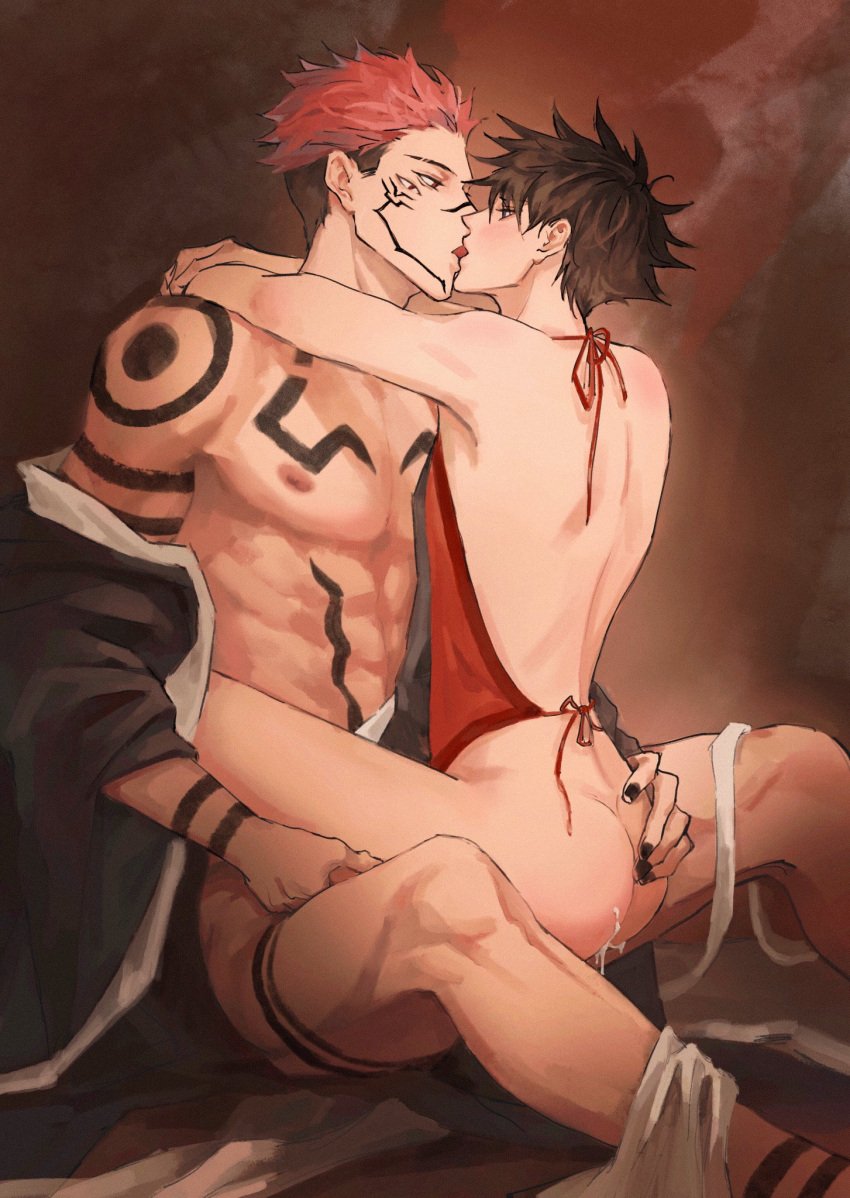 2boys abs anal arm_tattoo arms_around_neck ass black_hair black_nails blue_eyes closed_eyes cum cum_in_ass facial_tattoo french_kiss fushiguro_megumi highres jujutsu_kaisen kissing leg_tattoo makababazi male_focus male_only multi_eye multiple_boys muscular muscular_male nipples pectorals red_eyes ryoumen_sukuna_(jujutsu_kaisen) sex short_hair shoulder_tattoo sideburns size_difference spiked_hair straddling tattoo toned toned_male undercut undressing yaoi