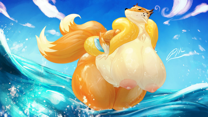 anthro bending_forward bending_over big_breasts breasts digital_media_(artwork) digital_painting_(artwork) female female_only floatzel fur furry hand_on_hip huge_breasts hyper_breasts multi_tail nipples ocean piilsud pink_nipples pokemon pokemon_(species) signature signed solo solo_female tagme tail thick_thighs water water_type wide_hips