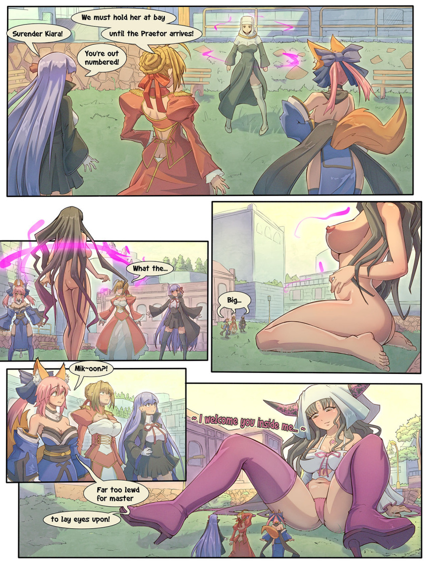 4girls acerok bb_(fate) bedroom_eyes black_cloak blonde_hair blue_kimono bow city clothing comic doujin doujinshi fate_(series) fox_ears fox_girl giantess growth horns imminent_unbirth kimono kitsune large_breasts multicolored_hair multiple_girls nude nude_female nun panties pink_hair purple_hair red_dress saber sesshouin_kiara shocked shocked_expression size_difference smug speech_bubble spread_legs stockings tamamo_no_mae_(fate)