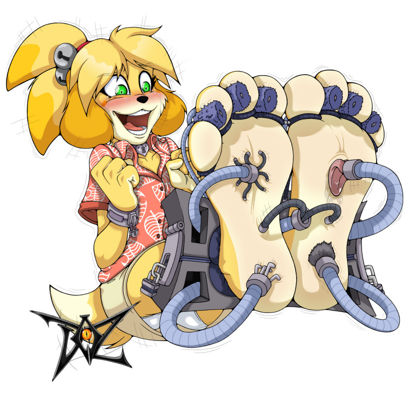 animal_crossing anthro cute dazidentevil feet furry isabelle_(animal_crossing) machine nintendo stocker tickle_torture tickling tickling_feet tickling_machine