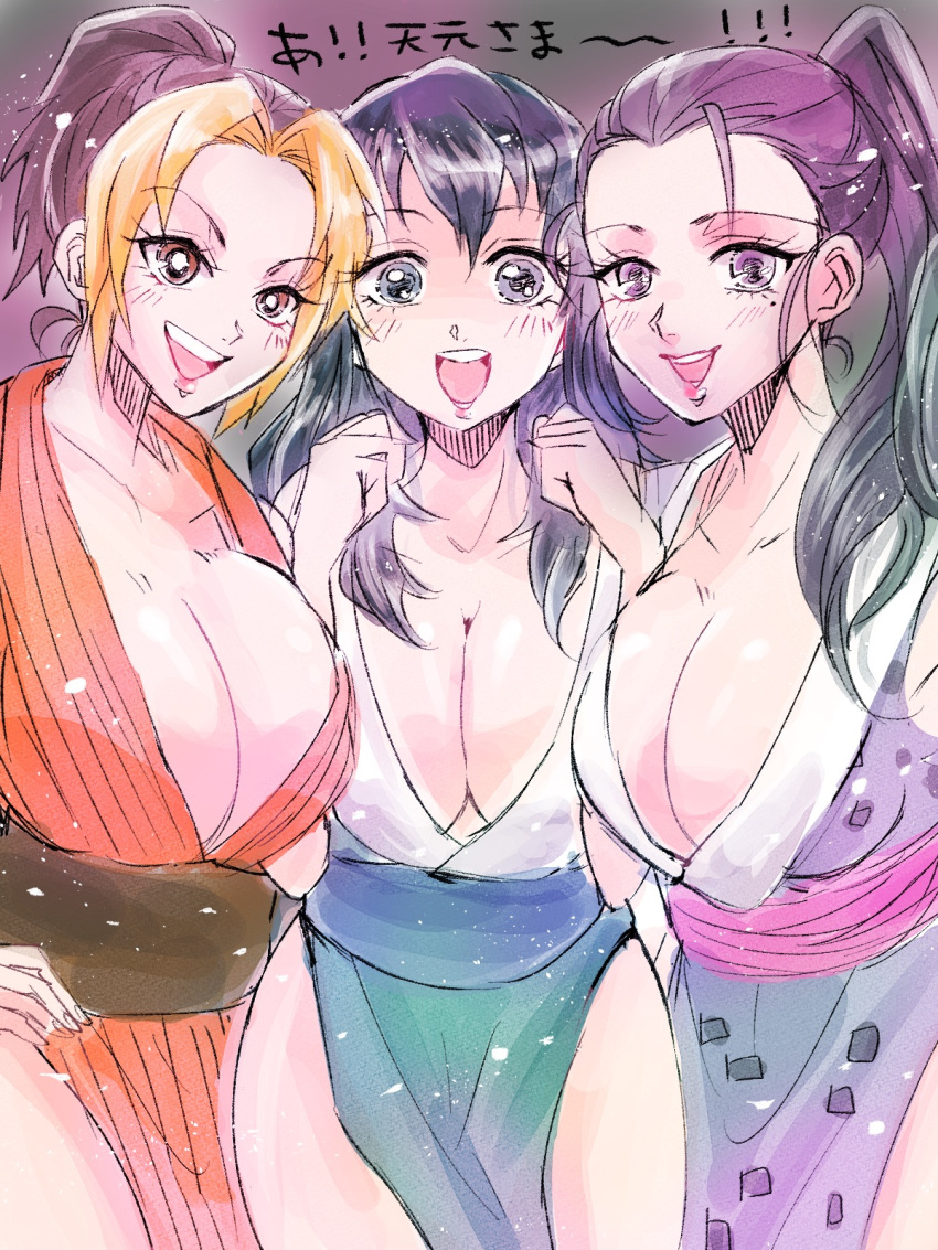 3girls big_breasts black_hair blonde_hair cleavage demon_slayer female female_only hand_on_hip hinatsuru_(kimetsu_no_yaiba) japanese_clothes kari_(pixiv) kimetsu_no_yaiba kunoichi long_hair looking_at_viewer makio_(kimetsu_no_yaiba) mole_under_eye obi open_mouth pelvic_curtain ponytail side_slit smile suma_(kimetsu_no_yaiba) the_wives_(kimetsu_no_yaiba) two_tone_hair