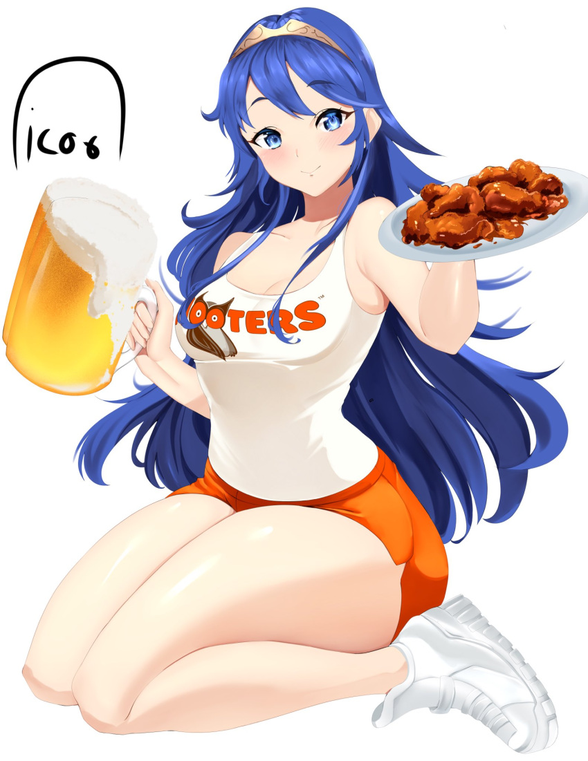 1girls alcohol alternate_costume bare_legs beer blue_eyes blue_hair breasts chicken cleavage drink fire_emblem fire_emblem_awakening food hooters icoo kneeling looking_at_viewer lucina_(fire_emblem) medium_breasts nintendo shorts smile symbol-shaped_pupils tank_top thick_thighs tiara waitress