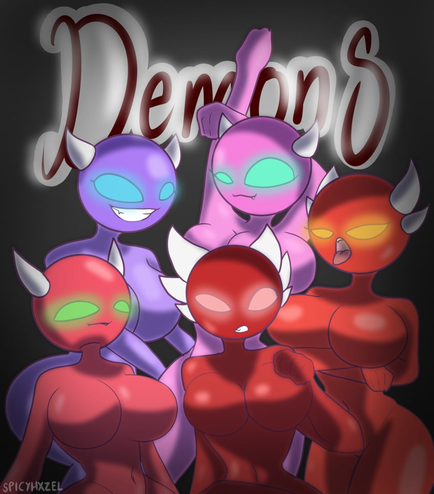 5girls artist_request big_breasts demon demon_girl easy_demon extreme_demon geometry_dash hard_demon insane_demon lipbite looking_at_viewer medium_demon multiple_girls options suggestive video_games