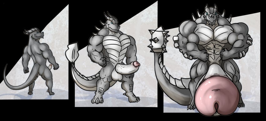 abs absurd_res anthro balls barazoku biceps big_balls big_muscles big_penis blue_eyes digital_media_(artwork) digitigrade dominant dragon erection flexing from_behind_position front_view genitals grey_body grin growth growth_sequence hi_res huge_cock huge_muscles humanoid_genitalia humanoid_penis hyper hyper_genitalia hyper_muscles hyper_penis kardukk kobold looking_at_viewer male male/male multicolored_body muscular muscular_anthro muscular_male nude paws pecs penis pose reptile scalie sequence sex shaded smile solo spikes standing teasing two_tone_body two_tone_tail uniparasite white_body