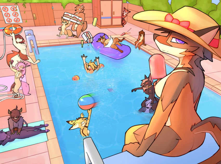 2022 6girls 8boys anthro auden_(zhanbow) ball bayley_(zhanbow) beach_ball big_penis bovid bovine breasts brown_body brown_fur brown_spots callan_(zhanbow) canid canine canis casual casual_nudity cattle cellphone day detailed_background digital_media_(artwork) equid equine felid female fennec food fox fur furry furry_only garren_(zhanbow) genitals group headwear hi_res highland_cattle holding_cellphone holding_food holding_object holding_phone holding_popsicle hooves horse inflatable jackal jodia_(zhanbow) kirako_(zhanbow) lagomorph larah_(zhanbow) leporid male mammal naked nipples nude nudist outside pantherine penis phone pink_nipples popsicle public purple_eyes pussy rabbit saffina_(zhanbow) sign spots sun_hat swimming_pool tail water wolf yellow_body yellow_fur zander_(zhanbow) zhanbow