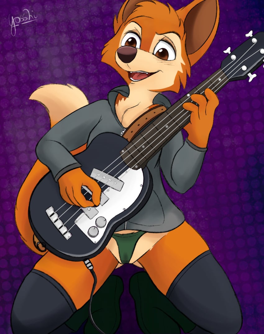 anthro blush breasts cameltoe canid canine clothed clothing darma_(rock_dog) digital_media_(artwork) female fox fur guitar hi_res kneeling legwear looking_at_viewer mammal musical_instrument open_mouth panties partially_visible_vulva playing_guitar playing_music plucked_string_instrument rock_dog simple_background solo spread_legs spreading stockings string_instrument sweater topwear underwear yosshi