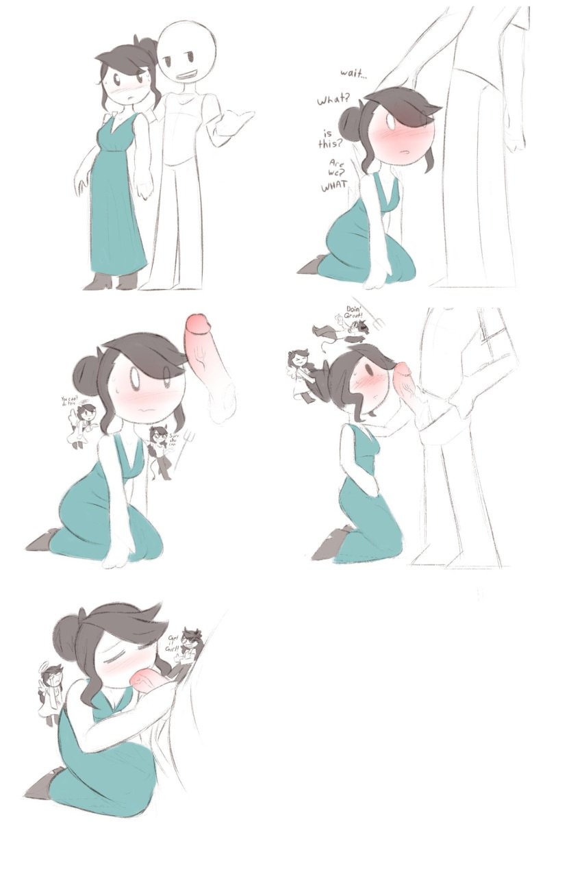 2020 alternate_hairstyle angel anon big_penis blank_background blowjob closed_eyes comic couple deep_blush devil dialogue dress erection fully_clothed grabbing_head grabbing_penis jaiden jaiden_animations jonathanpt nervous on_knees penis_awe veiny_penis white_background youtube