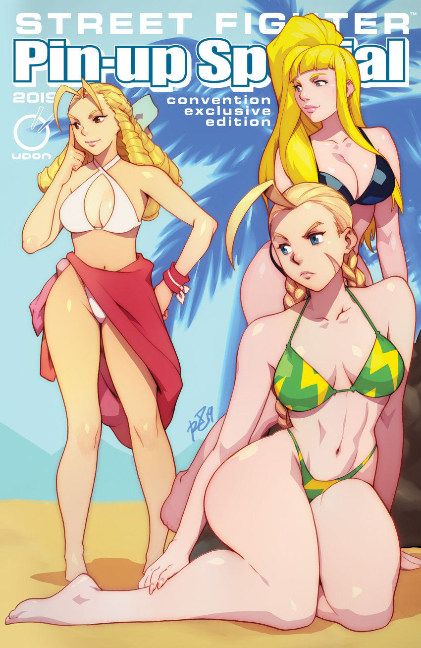 3girls beach big_breasts bikini blonde_hair blue_eyes breasts brown_eyes cammy_white cleavage clothed clothing curvy english_text female female_focus female_only fully_clothed hi_res karin_kanzuki kolin medium_breasts muscular muscular_female negarobo ponytail revealing_clothes robaato simple_background smile street_fighter text watermark wide_hips