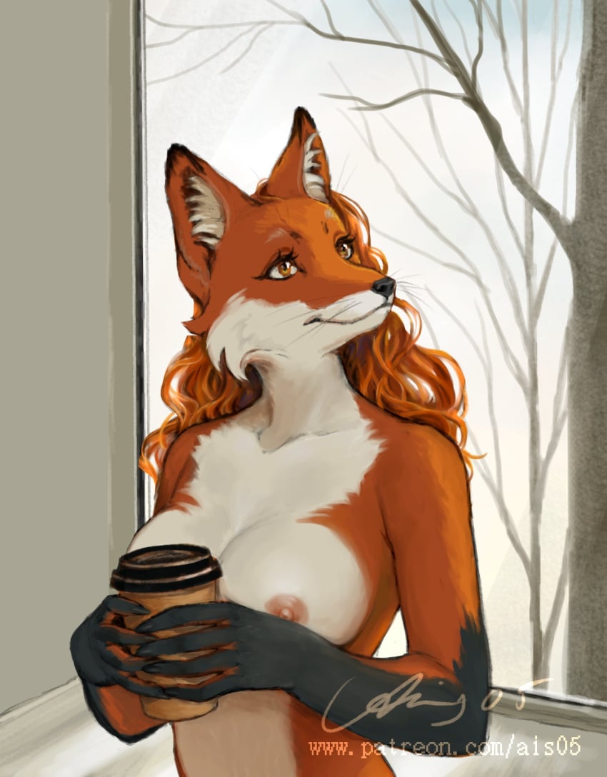 2020 ais05 anthro areola biped black_nose breasts canid canine coffee_cup cup digital_media_(artwork) eyebrows eyelashes female fox fur hair hi_res holding_cup holding_object inside long_hair mammal nipples nude orange_body orange_eyes orange_fur orange_hair plant solo text tree url white_body white_fur