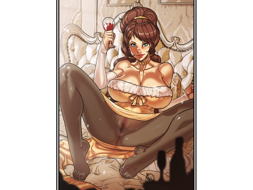 1girls beauty_mark bed big_breasts blue_eyes brown_hair clothed female female_only ganassa going_commando huge_breasts jewelry legend_of_queen_opala lynevere milf noblewoman pantyhose see-through solo vagina_visible_through_clothing wine_glass