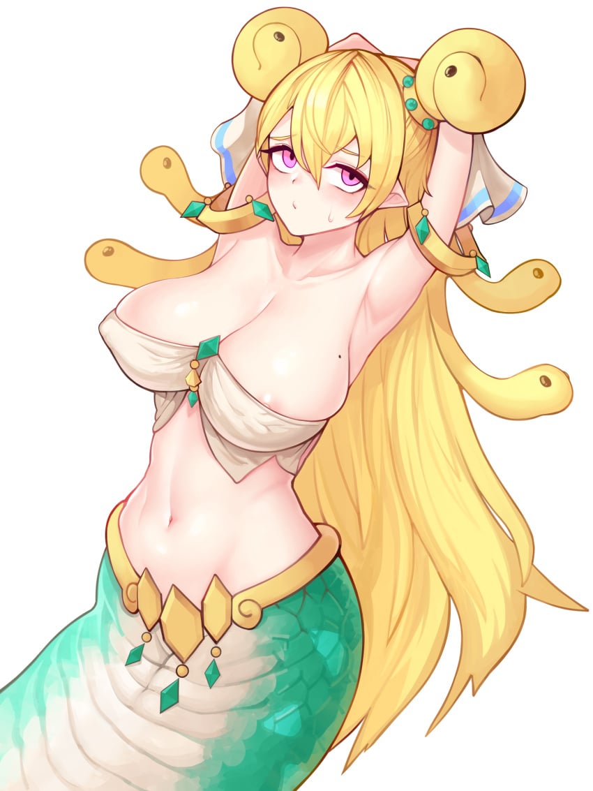 3gs areola_slip areolae armpits arms_up breasts collarbone commentary dot_mouth elsword english_commentary female gold hair_ornament highres jewelry lamia large_breasts light_blush long_hair medusa_(elsword) mole mole_on_breast monster_girl navel nipple_slip nipples purple_eyes simple_background snake snake_hair solo sweatdrop white_background