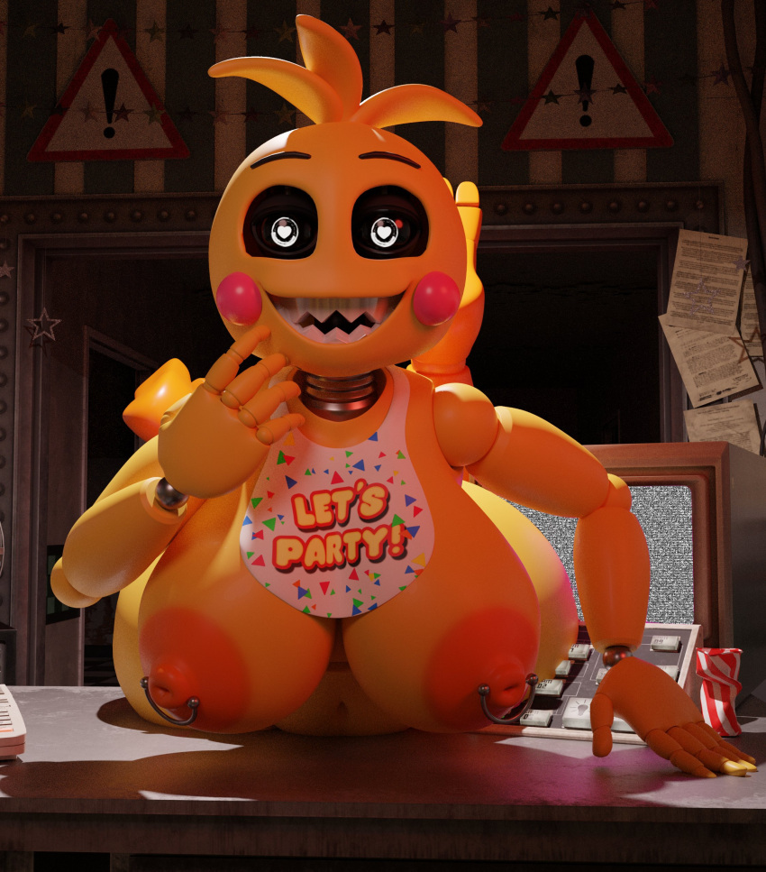 3d anthro big_areola big_nipples breasts feet_up feversfm five_nights_at_freddy's heart-shaped_pupils huge_toy_chica hyper hyper_breasts large_areolae large_breasts looking_at_viewer lovetaste_chica nipple_piercing nipples on_table robot smiling solo toy_chica_(fnaf) toy_chica_(love_taste)