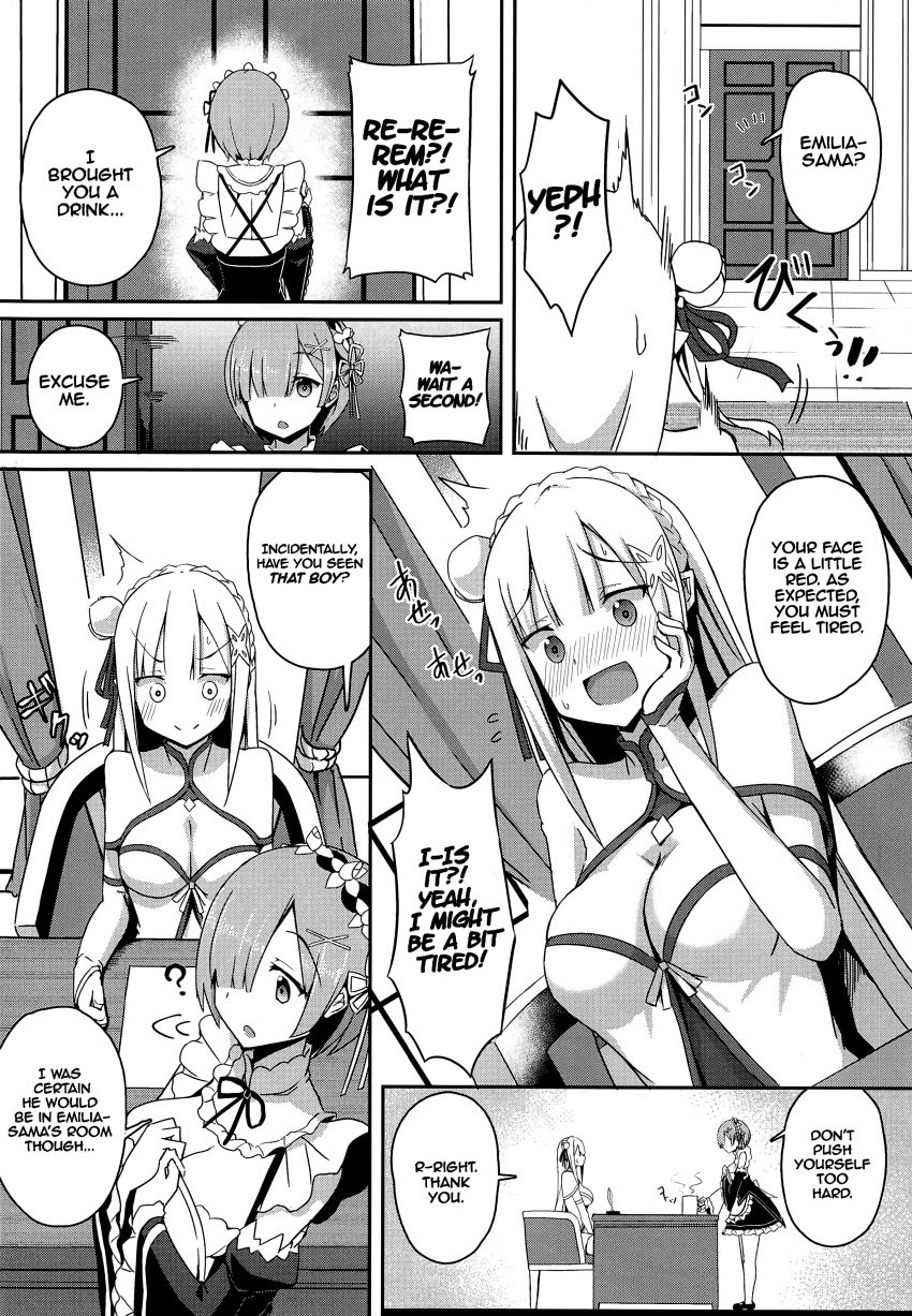 10s 1boy 2019 2girls age_difference awkward_situation bluffing blush breasts cleavage comic comic_page cunnilingus cunnilingus_in_skirt cute_girl doujin doujinshi elf elf_ears elf_female elf_girl emilia_(re:zero) english_text hair_ornament hair_ribbon hairclip hiding_under_table interspecies large_breasts long_hair lucas_(re:zero) maid male_human/female_elf manga minato_yoshihiro no_panties older_female older_woman_and_younger_boy oni oral panels pointy_ears re:zero_kara_hajimeru_isekai_seikatsu rem_(re:zero) rose roswaal_mansion_maid_uniform source_smaller stealth_sex teenage_girl teenage_girl_and_younger_boy teenager trying_to_be_quiet young younger_male