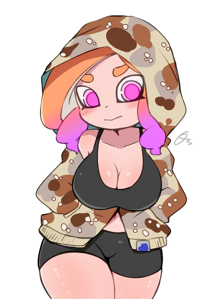 1girls :> big_breasts blush bra breasts camo cleavage hoodie light_skin looking_at_viewer makino_nono nintendo octoling octoling_girl oni_wasabi_(makino_nono) orange_hair pink_eyes shorts solo splatoon splatoon_(series) splatoon_3 sports_bra sportswear thick_thighs thighs wide_hips