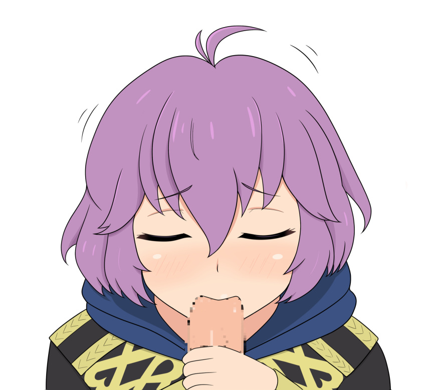 1boy 1girls ahoge bernadetta_von_varley breasts censored closed_eyes fellatio female female_focus fire_emblem fire_emblem:_three_houses garreg_mach_monastery_uniform hood male nintendo oral penis purple_hair short_hair small_breasts solo_focus white_background yoshio_hentai