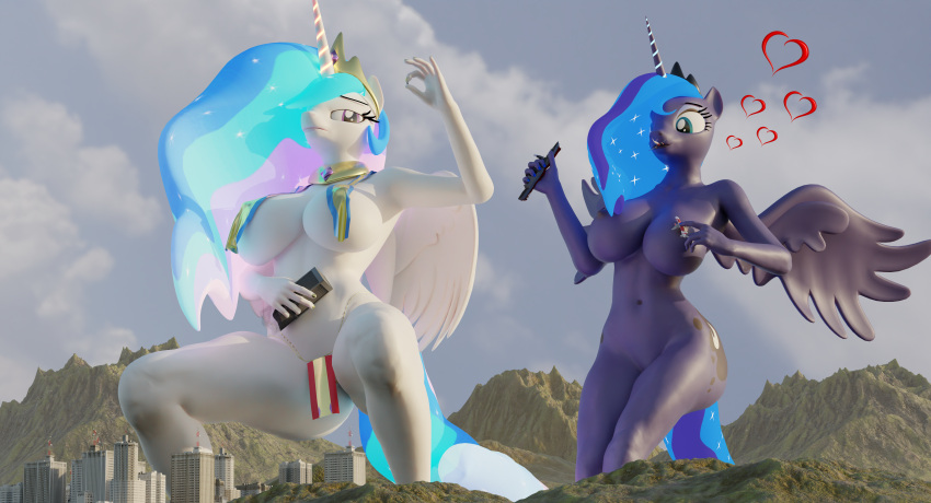 absurd_res alicorn anthro blender_(software) breast_curtains city duo electricbug43 equid equine female female/female friendship_is_magic hasbro hi_res horn macro mammal my_little_pony nipples nude princess_celestia_(mlp) princess_luna_(mlp) wings