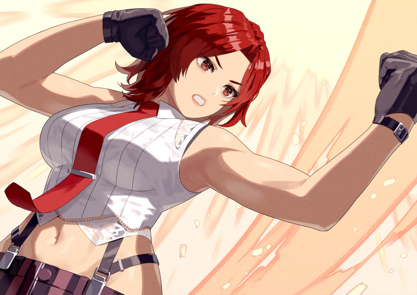 bare_shoulders black_gloves boxing breasts crop_top cropped_shirt female gloves king_of_fighters large_breasts lips lipstick makeup mature_female midriff navel necktie pants pinstripe_pants pinstripe_pattern red_eyes red_hair red_necktie shirt short_hair sleeveless snk solo striped suspenders vanessa_(kof)