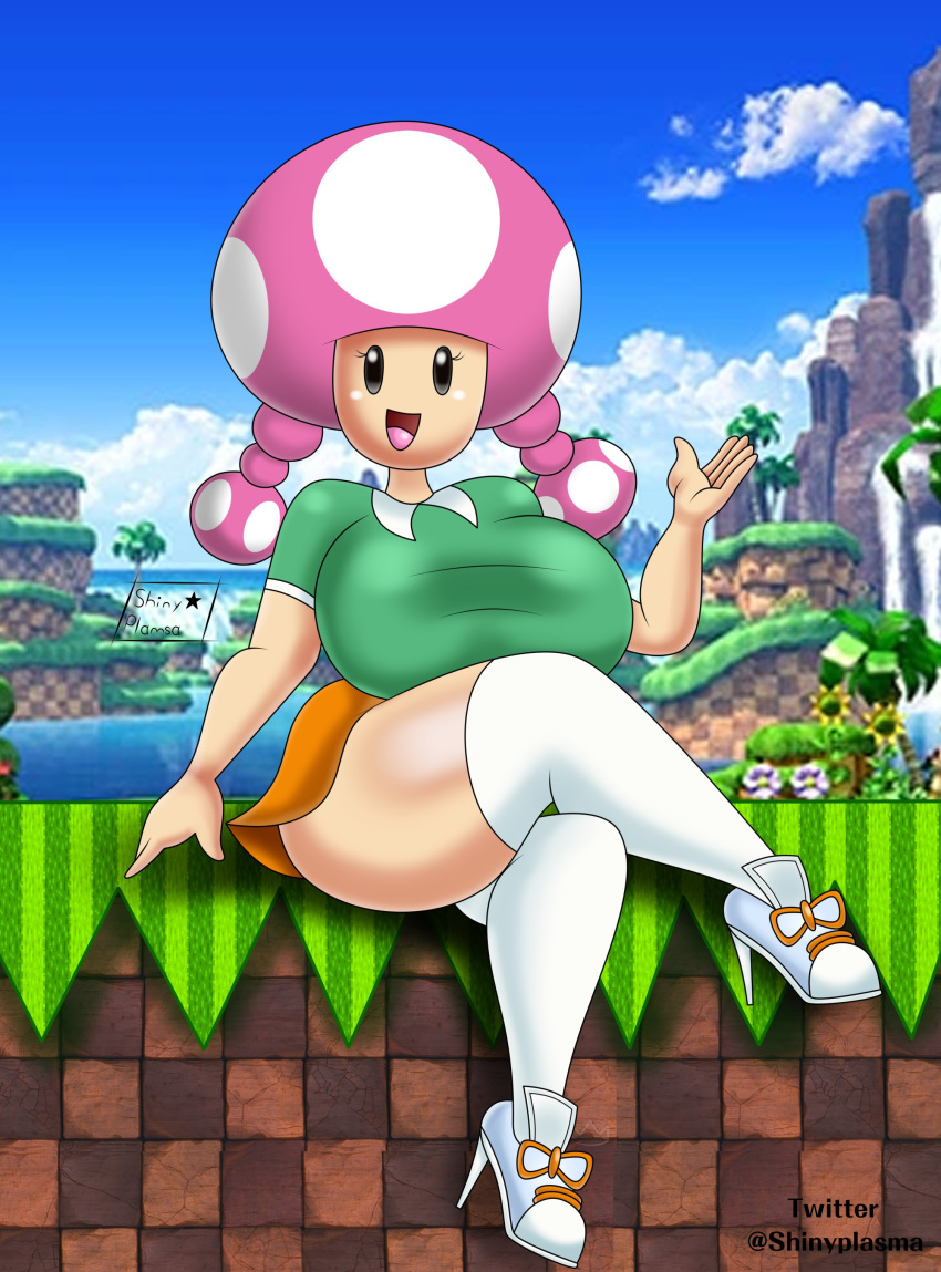 1girls 2024 2d alternate_version_available amy_rose_(classic)_(cosplay) amy_rose_(cosplay) big_breasts big_thighs black_eyes breasts busty classic_amy_rose_(cosplay) clothed clothing cosplay crossed_legs curvy female female_only full_body green_shirt heeled_shoes hill huge_breasts huge_thighs humanoid large_breasts large_thighs light-skinned_female light_skin looking_at_viewer mario_(series) mushroom_humanoid nintendo no_nose open_mouth orange_skirt outdoors outside pigtails shirt shoes sitting skirt sky smile smiling_at_viewer solo sonic_(series) sonic_the_hedgehog_(series) stockings superstarplasma thick thick_hips thick_legs thick_thighs thighs toadette waving_at_viewer white_stockings wide_hips